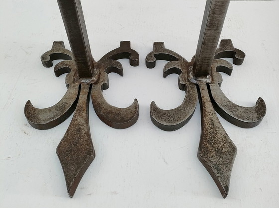 Image 1 of Paar Fleur De Lys Vintage Stalen Andirons