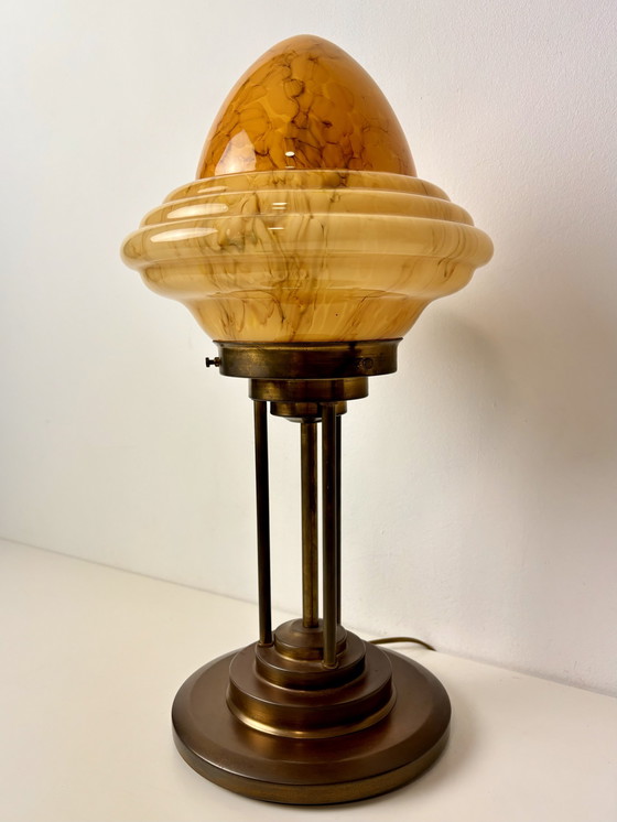 Image 1 of Art Deco Bronzen Tafellamp Met Marmer Look Kap