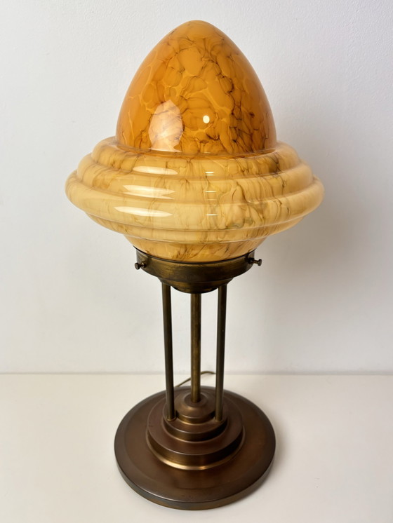 Image 1 of Art Deco Bronzen Tafellamp Met Marmer Look Kap