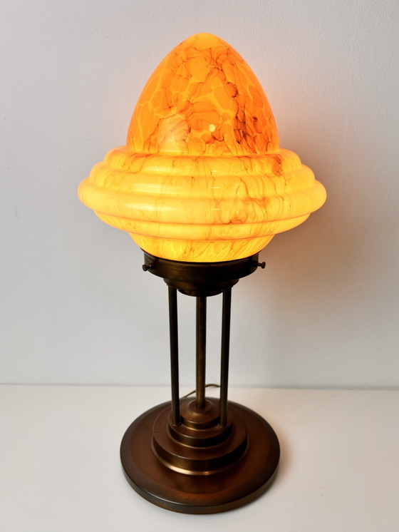 Image 1 of Art Deco Bronzen Tafellamp Met Marmer Look Kap