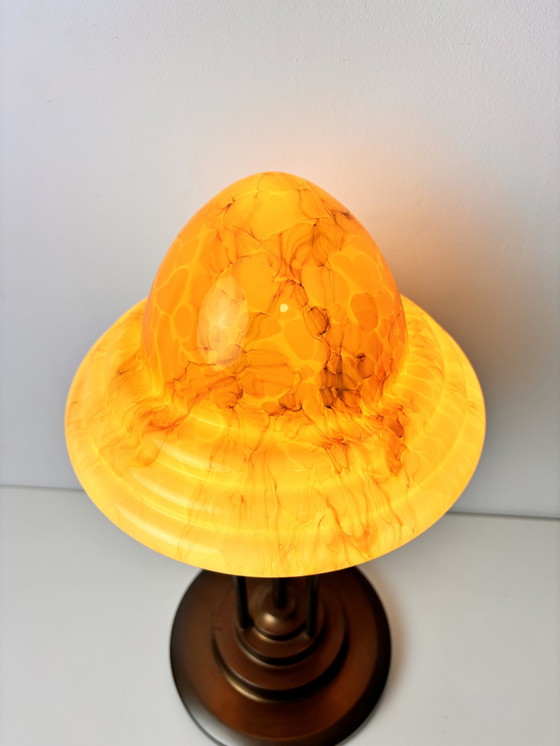 Image 1 of Art Deco Bronzen Tafellamp Met Marmer Look Kap