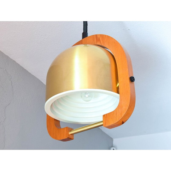Image 1 of Vintage verstelbare kroonluchter in messing en eiken, Italië 1970