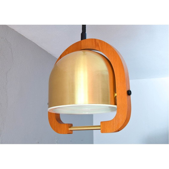 Image 1 of Vintage verstelbare kroonluchter in messing en eiken, Italië 1970