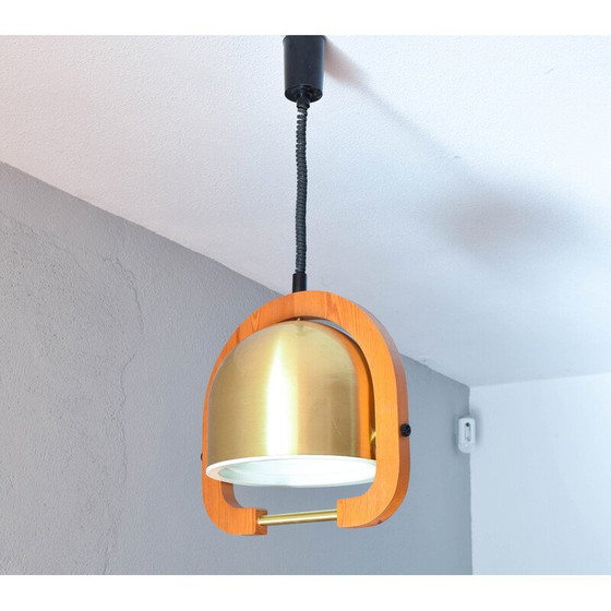 Image 1 of Vintage verstelbare kroonluchter in messing en eiken, Italië 1970