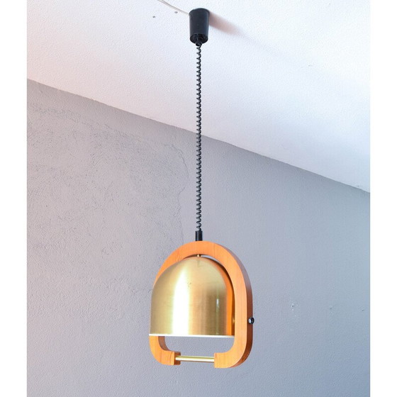 Image 1 of Vintage verstelbare kroonluchter in messing en eiken, Italië 1970