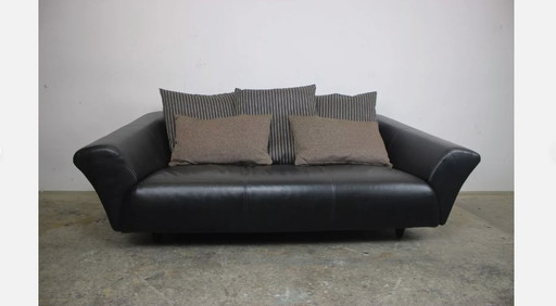 Rolf Benz Sofa Model 333 Zwart Leer Met 5 Nieuwe Stoffen Kussens