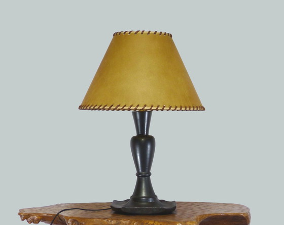 Image 1 of Zwart geglazuurd aardewerk balusterlamp 1950