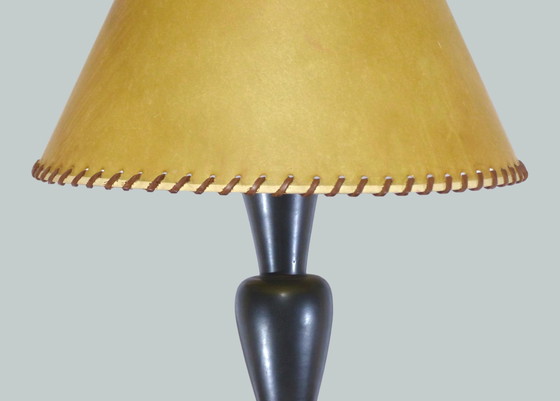 Image 1 of Zwart geglazuurd aardewerk balusterlamp 1950