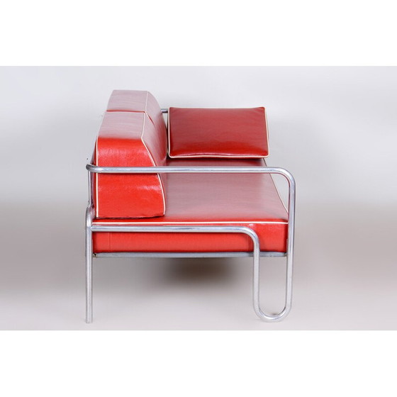 Image 1 of Vintage rode Bauhaus bank van leer en verchroomde buizen, jaren 1930