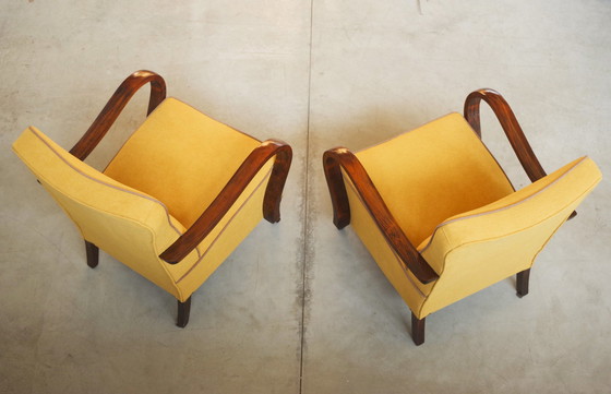 Image 1 of  Paar gerestaureerde beukenhouten fauteuils uit 1940 in Mid Century Moderne Stijl