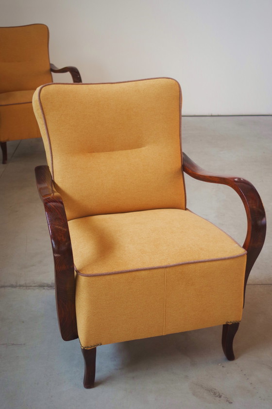 Image 1 of  Paar gerestaureerde beukenhouten fauteuils uit 1940 in Mid Century Moderne Stijl