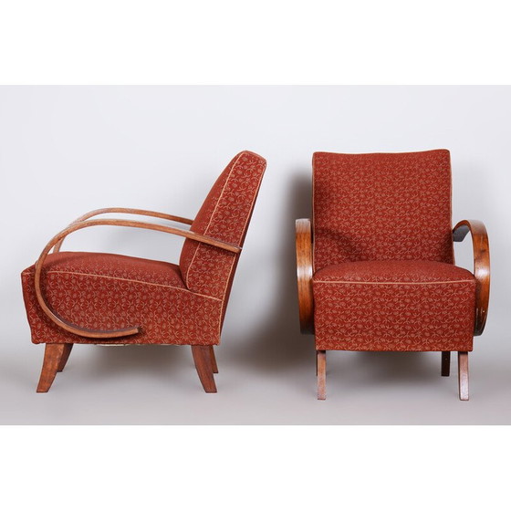 Image 1 of Paar vintage rode Tsjechische Art Deco beukenhouten fauteuils van Jindrich Halabala voor Up Zavody, jaren 1930