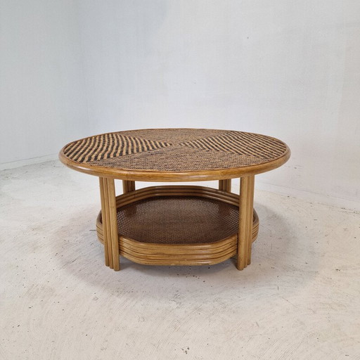 Italiaanse vintage rieten en rotan salontafel, jaren 1970