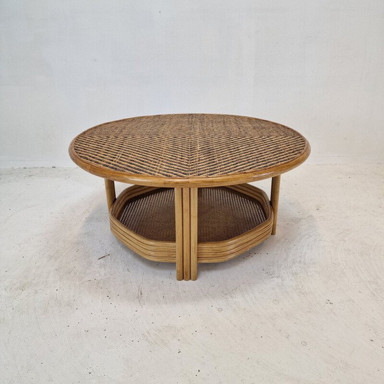 Image 1 of Italiaanse vintage rieten en rotan salontafel, jaren 1970