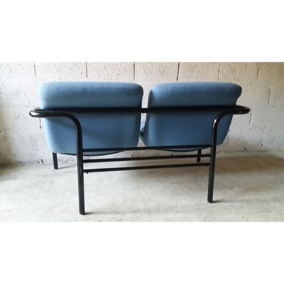 Image 1 of Vintage 2-zitsbank in blauwe stof en zwart kunstleer - jaren '80