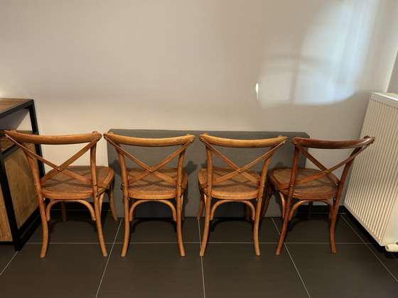 Image 1 of 4x Vintage Houten Stoelen Met Rotan Zitting