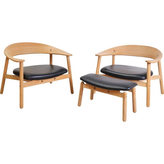 Image 1 of Paar vintage eiken en lederen fauteuils en voetenbank van Henrik Bønnelycke voor Silo meubilair, 2002
