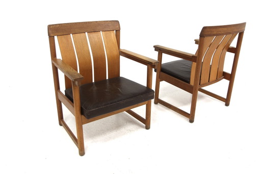  Set van 2 leren en eiken fauteuiltafels, Ferdinand Lundqvist, Zweden, 1960