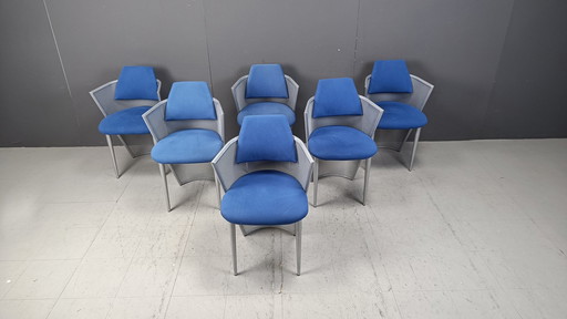 Set van 6 postmoderne stoffen en metalen eetkamerstoelen, 1980S