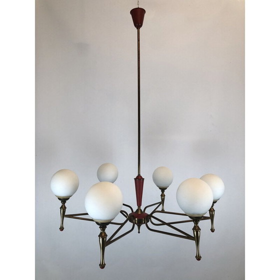Image 1 of Vintage messing en opaline kroonluchter van Stilnovo, Italië 1950