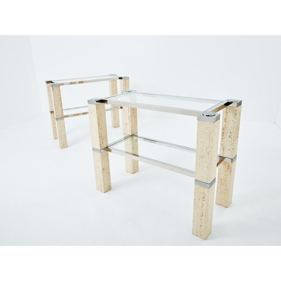 Image 1 of Paar vintage travertijn en chromen consoles van François Catroux voor Studio Angeletti, Italië 1973