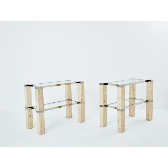 Image 1 of Paar vintage travertijn en chromen consoles van François Catroux voor Studio Angeletti, Italië 1973