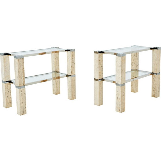 Paar vintage travertijn en chromen consoles van François Catroux voor Studio Angeletti, Italië 1973