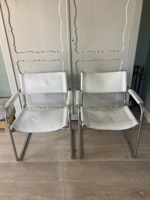 2x Vintage Buisframe Stoelen Met Wit Leer