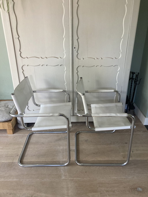 2x Vintage Buisframe Stoelen Met Wit Leer