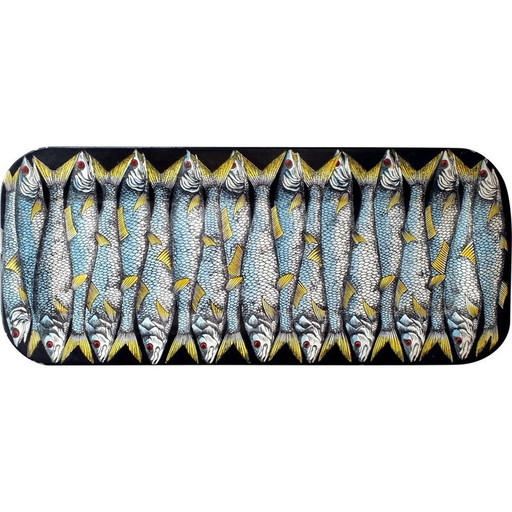 Vintage gelakt metalen dienblad met vis decoratie door Fornasetti Piero, Italië 1950