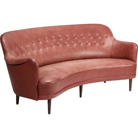 Image 1 of Vintage gebogen 3-zitsbank in leer en beuken van Carl Malmsten voor OH Sjögren, 1950