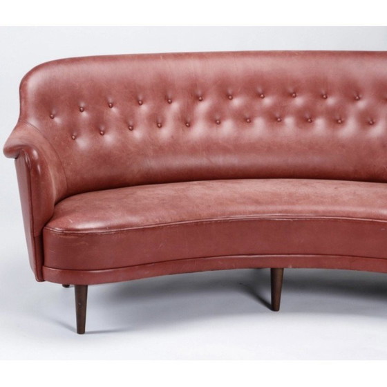 Image 1 of Vintage gebogen 3-zitsbank in leer en beuken van Carl Malmsten voor OH Sjögren, 1950