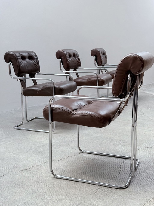 Set van 4 Guido Faleschini voor i4Mariani 'Tucroma' stoelen leer bruin chroom, Italië 1970