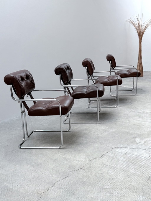 Set van 4 Guido Faleschini voor i4Mariani 'Tucroma' stoelen leer bruin chroom, Italië 1970