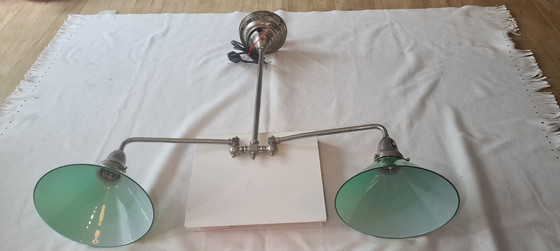 Image 1 of Vintage/Industriële Zilver Groene Hanglamp of vloerlamp Biljartlamp