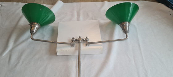 Image 1 of Vintage/Industriële Zilver Groene Hanglamp of vloerlamp Biljartlamp