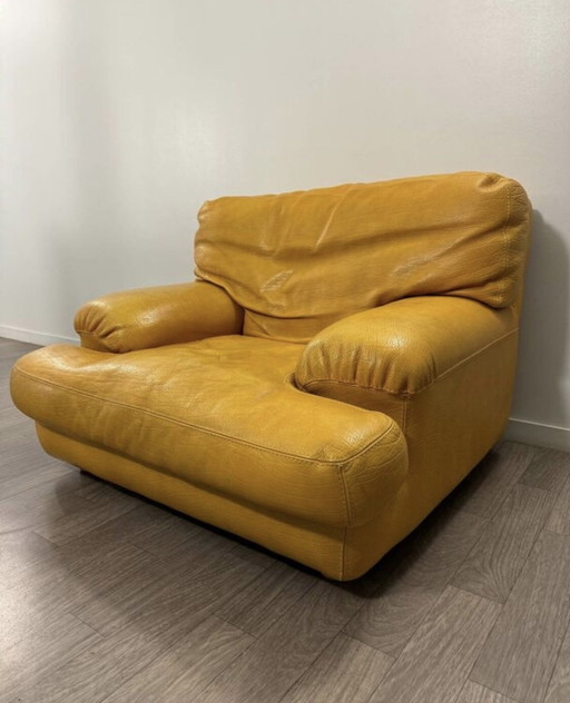 Gele leren fauteuil Rochebobois Jaren 80/90