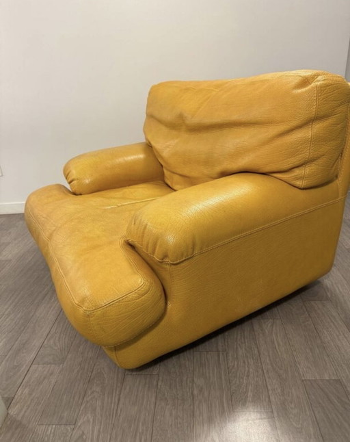 Gele leren fauteuil Rochebobois Jaren 80/90