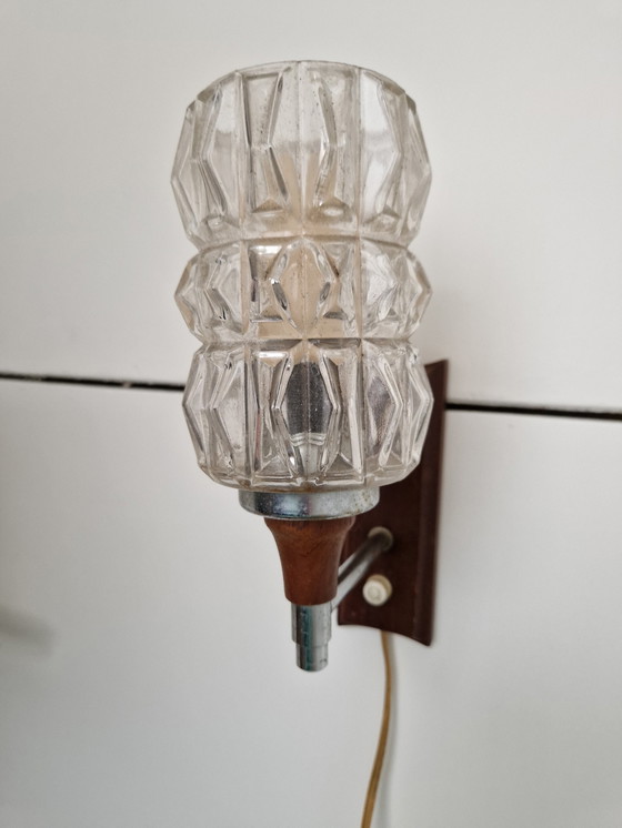 Image 1 of Vintage "Fishingrod" Wandlamp Met Kristalglas En Teak Chroom