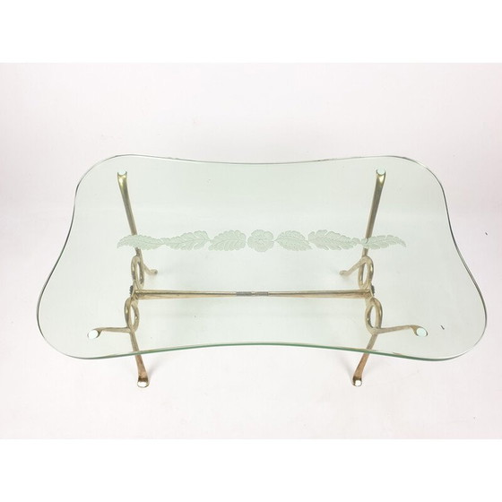 Image 1 of Vintage salontafel met geëtst glas en messing onderstel, Italië 1960