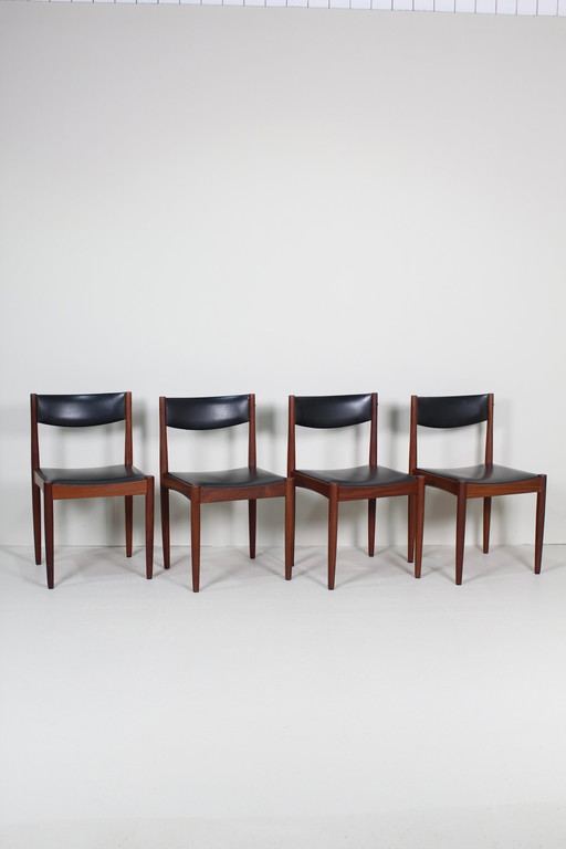 4X Vintage Deens Design Eetkamerstoelen - Teak, Zwart Skai, Jaren '60 |