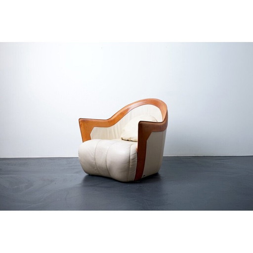 Vintage fauteuil met armleuningen in koeienhuid en hout voor De Sede, Zwitserland 1970
