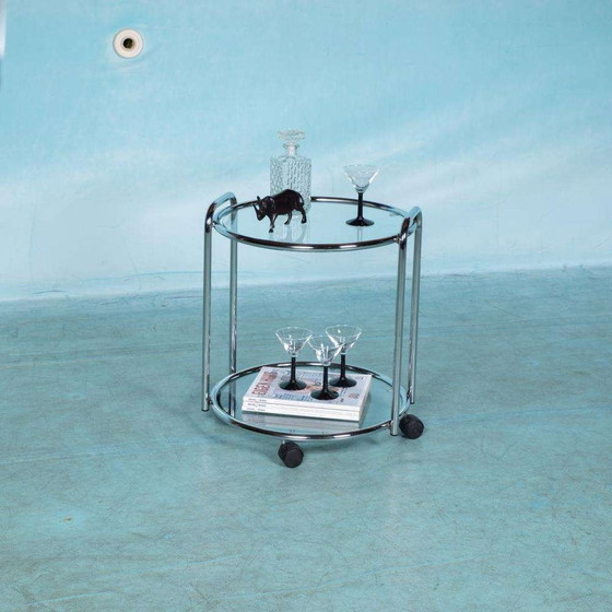 Image 1 of Space age bar trolley 70s, chrome & glass Bauhaus bar cart