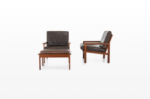 2 x Capella Fauteuils met Ottoman van Illum Wikkelsø voor Niels Eilersen, Denemarken, jaren 50