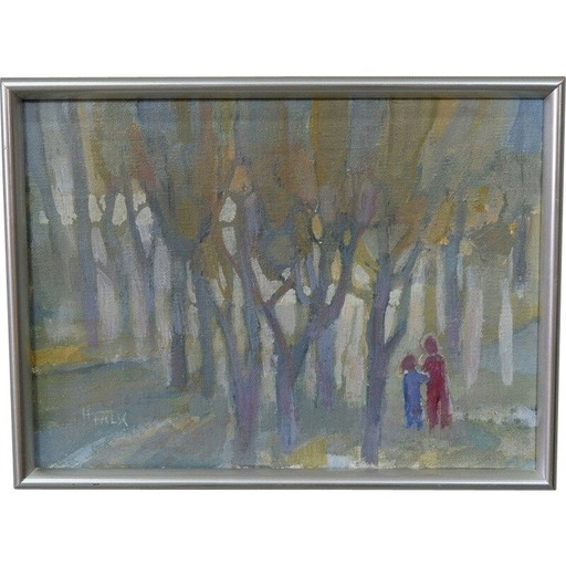 Vintage olieverfschilderij op modern doek door Hildegard Schüller-Falk, Zweden 1993