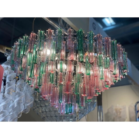 Image 1 of 1970S Italiaanse Vintage groen en roze "Quadriedro" Murano glazen kroonluchter