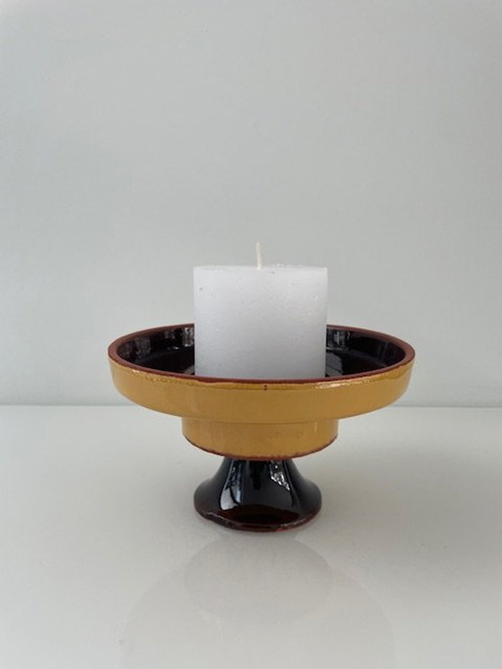 Image 1 of Vintage/Retro Kaarsenstandaard Op Voet Oker-Bruin Glazuur