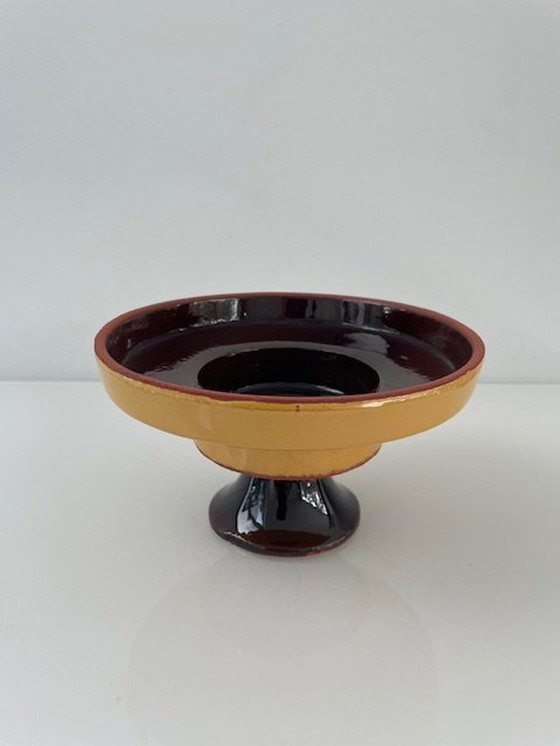 Image 1 of Vintage/Retro Kaarsenstandaard Op Voet Oker-Bruin Glazuur