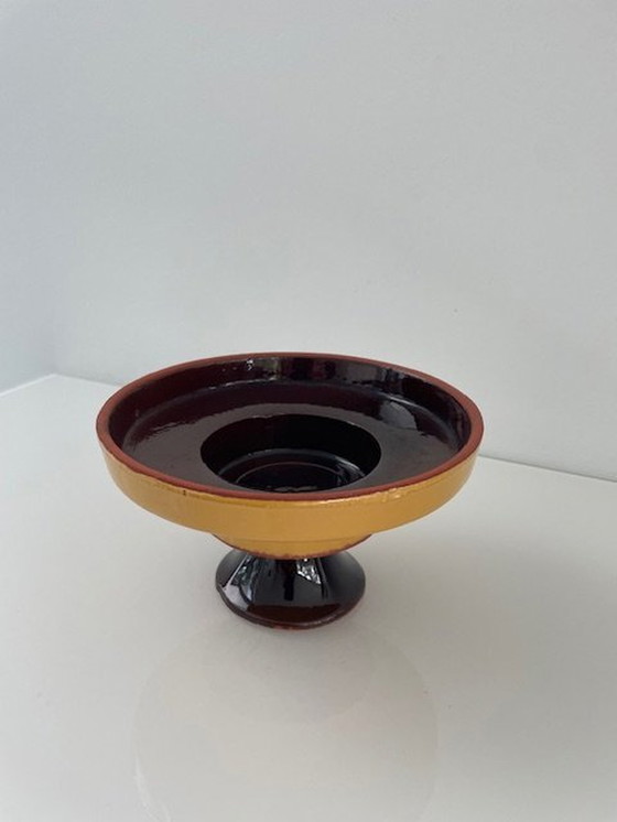 Image 1 of Vintage/Retro Kaarsenstandaard Op Voet Oker-Bruin Glazuur