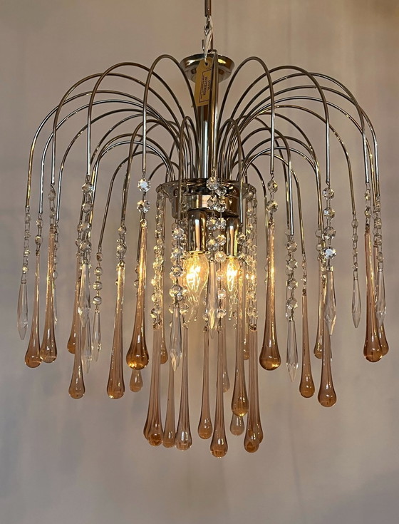 Image 1 of Roze Teardrop Kroonluchter Hanglamp Pegels Chrome Frame Kristal 